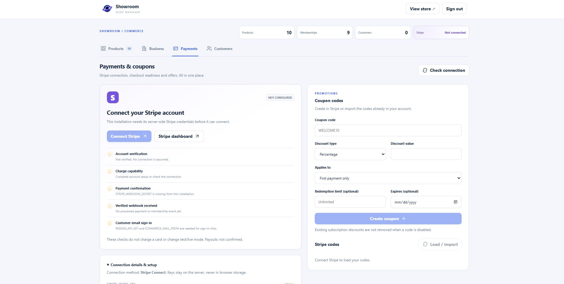 Showroom shop manager Payments and coupons screen