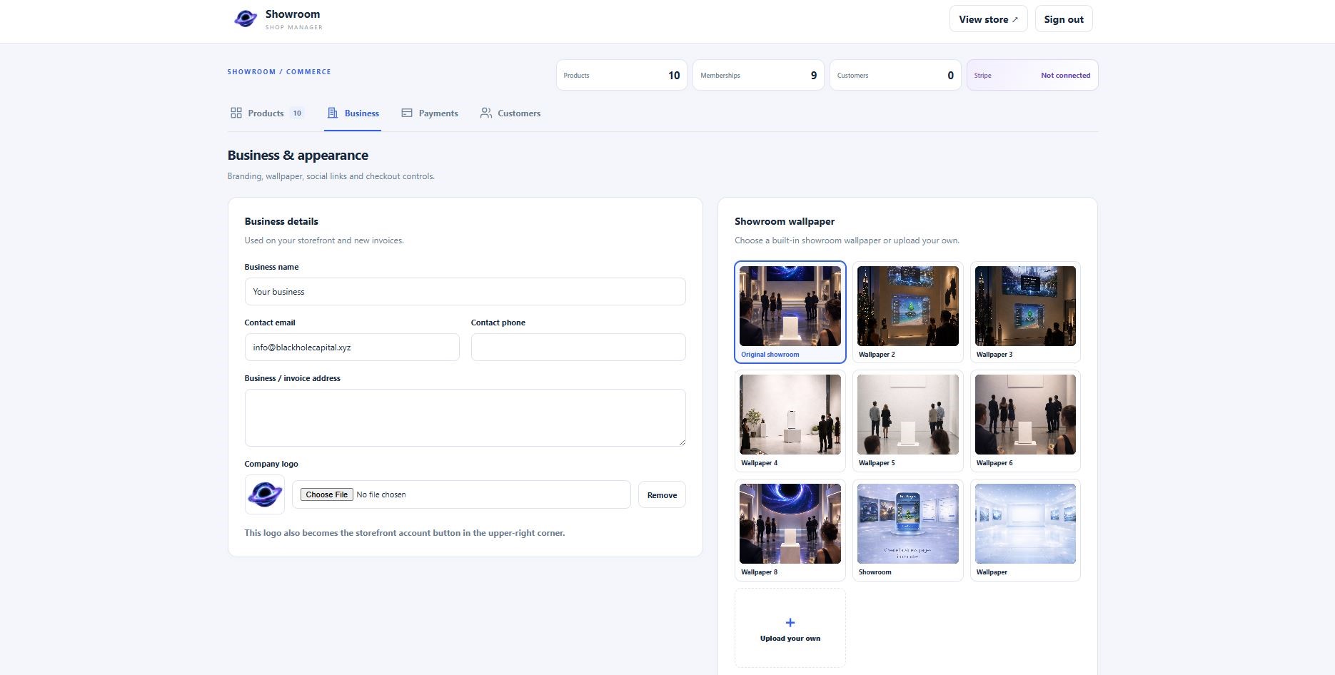 Showroom shop manager Business and appearance screen