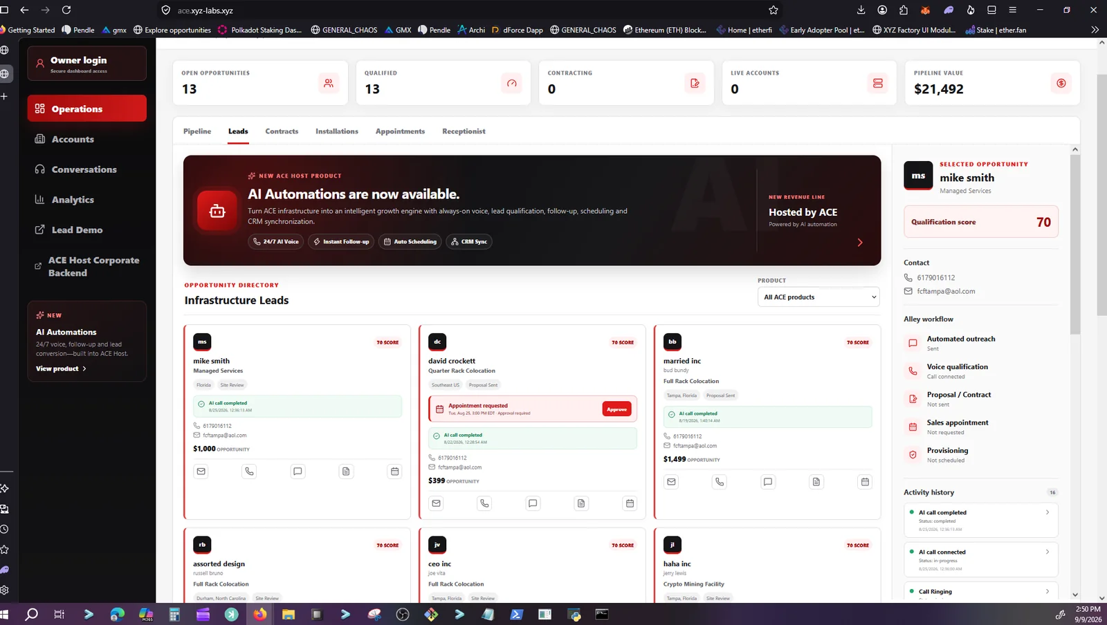 ACE Host operator dashboard