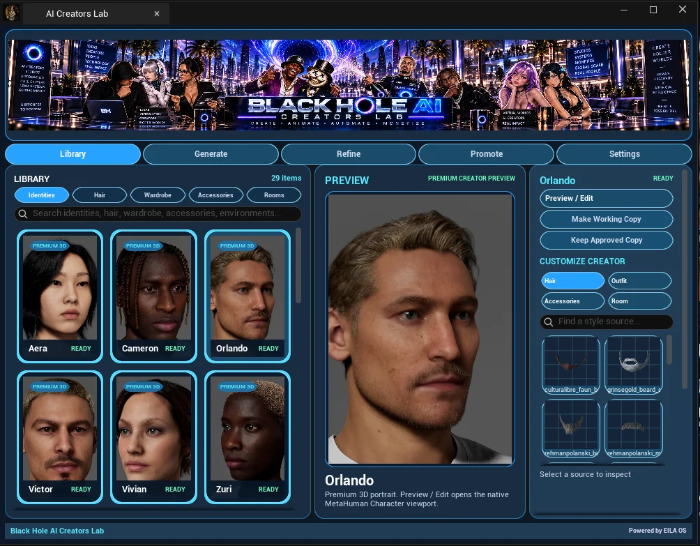 Creators Lab identity library and preview interface