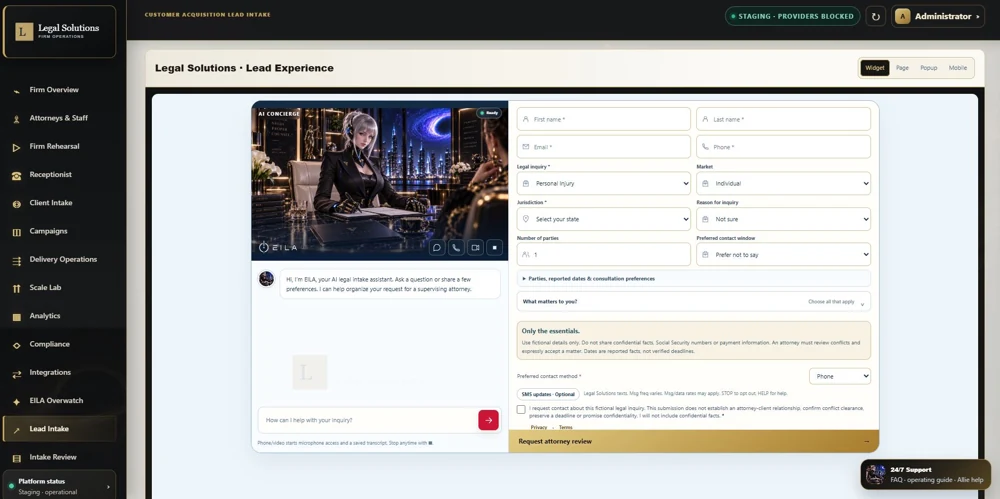 Legal Solutions AI intake with its assistant and support box