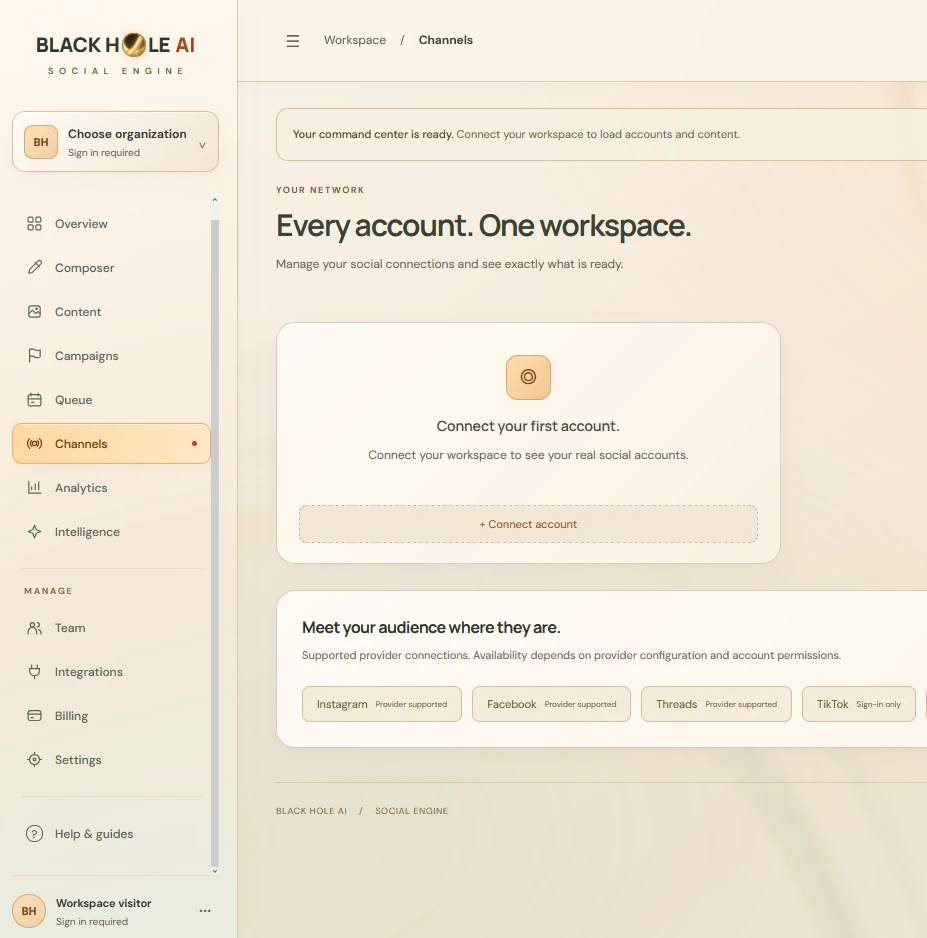 The actual orange Black Hole AI Social Engine Channels workspace